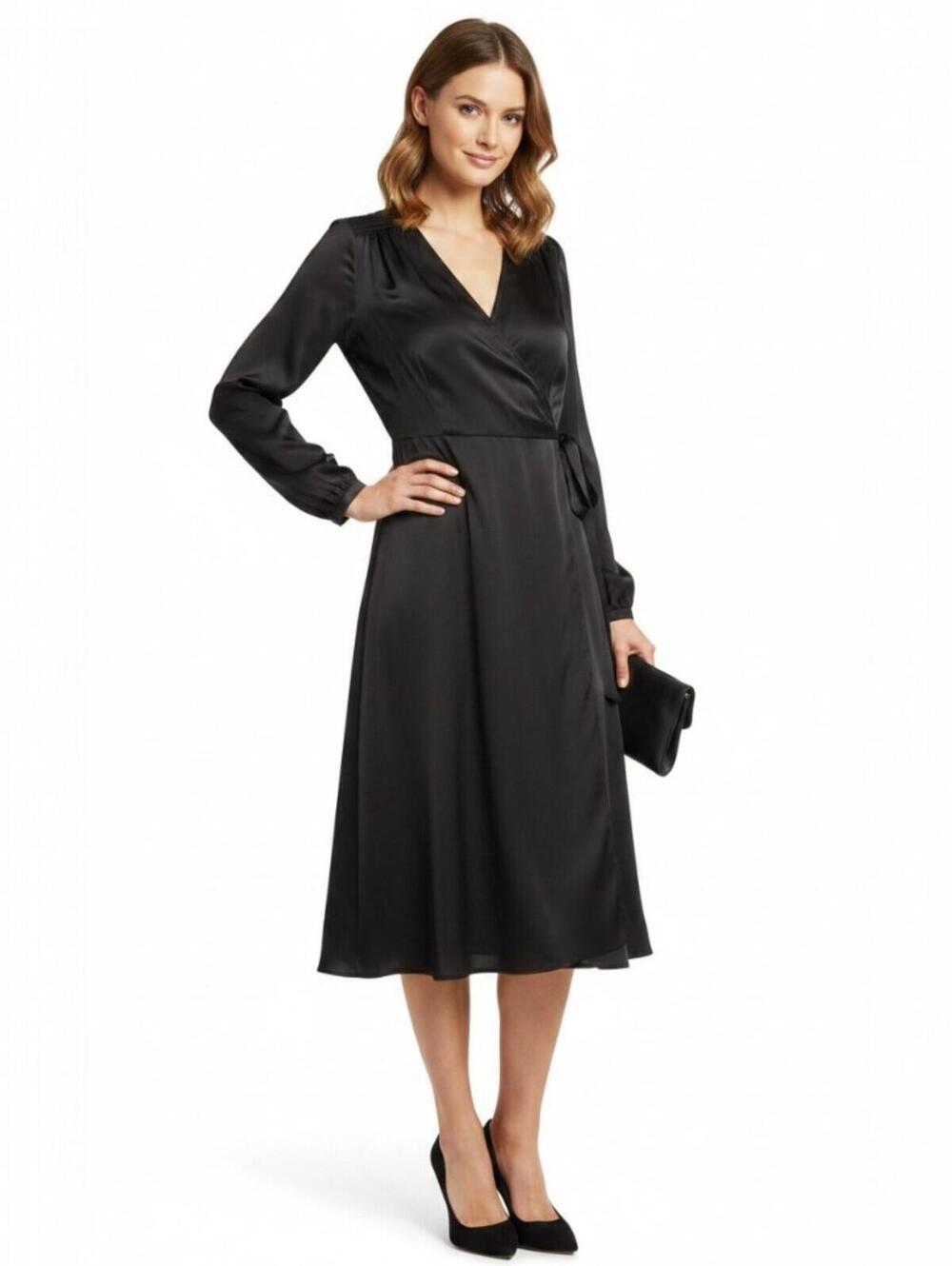 NWT Amour Vert Black Satin V-Neck Wrap Dress Long Sleeve Size M Medium MSRP $128